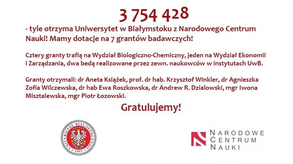 3,75 mln zł na naukowe granty dla UwB z Narodowego Centrum Nauki!