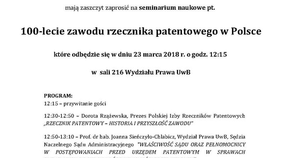 100-lecie zawodu rzecznika patentowego w Polsce